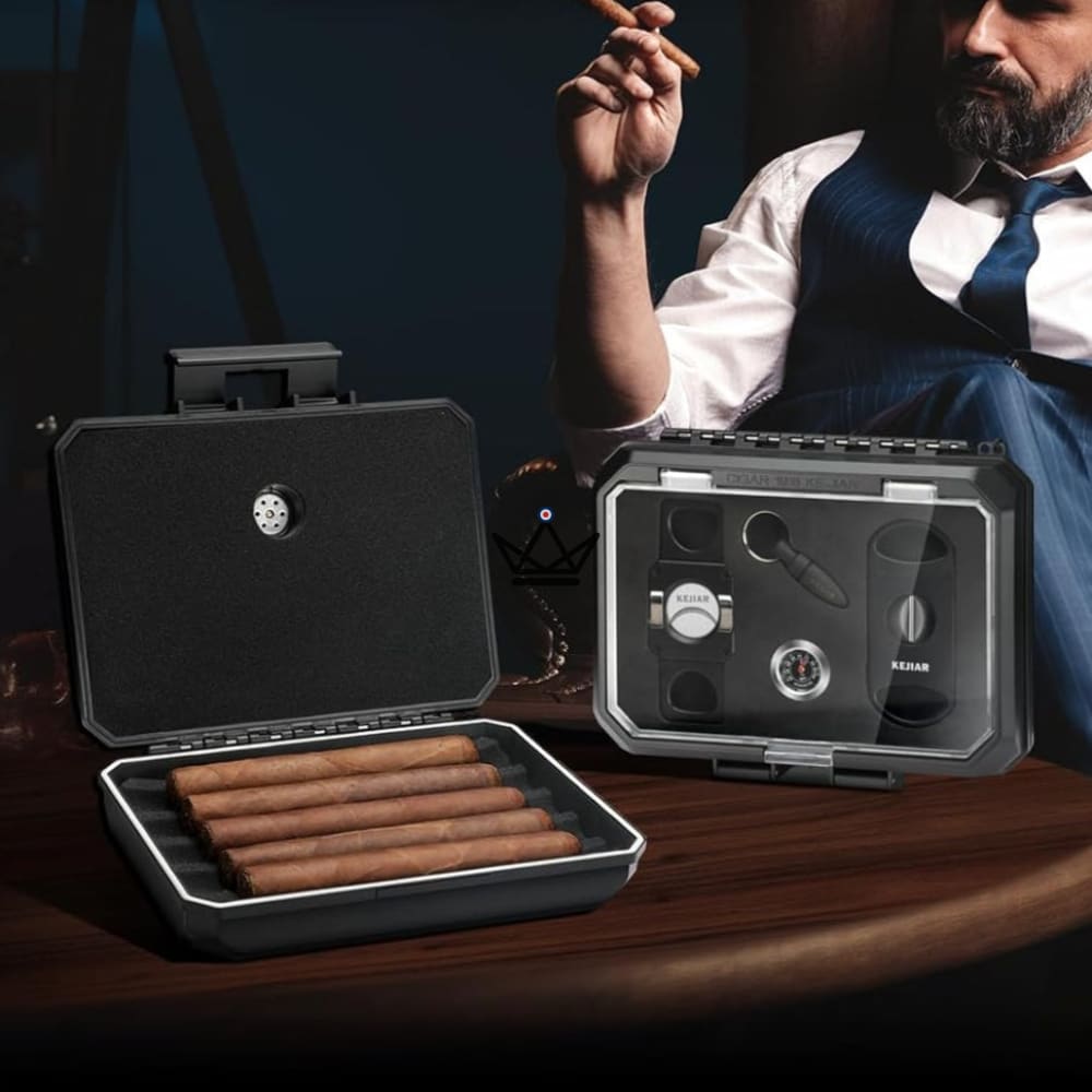 New Origin Cigar Travel Humidor — portable mini humidor, hygrometer & 5 integrated accessories — Obsidian Origin