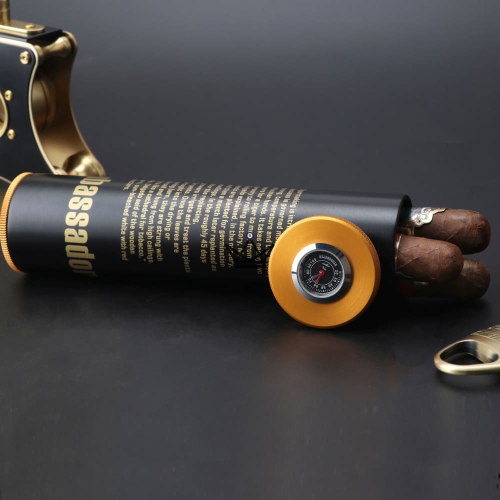 Tubo para cigarros LYROK: acero inoxidable, higrómetro y humidificador, con capacidad para 3 a 5 cigarros Tubo para cigarros LYROK: acero inoxidable, higrómetro y humidificador, con capacidad para 3 a 5 cigarros