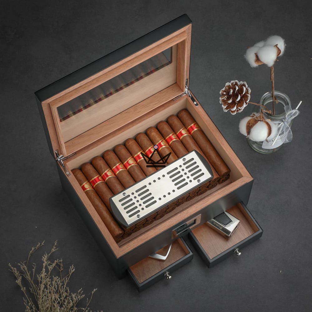 Humidor de cigarros DUNE: cedro español macizo, tapa de cristal, 2 cajones frontales, higrómetro digital, 50 cigarros Humidor de cigarros DUNE: cedro español macizo, tapa de cristal, 2 cajones frontales, higrómetro digital, 50 cigarros