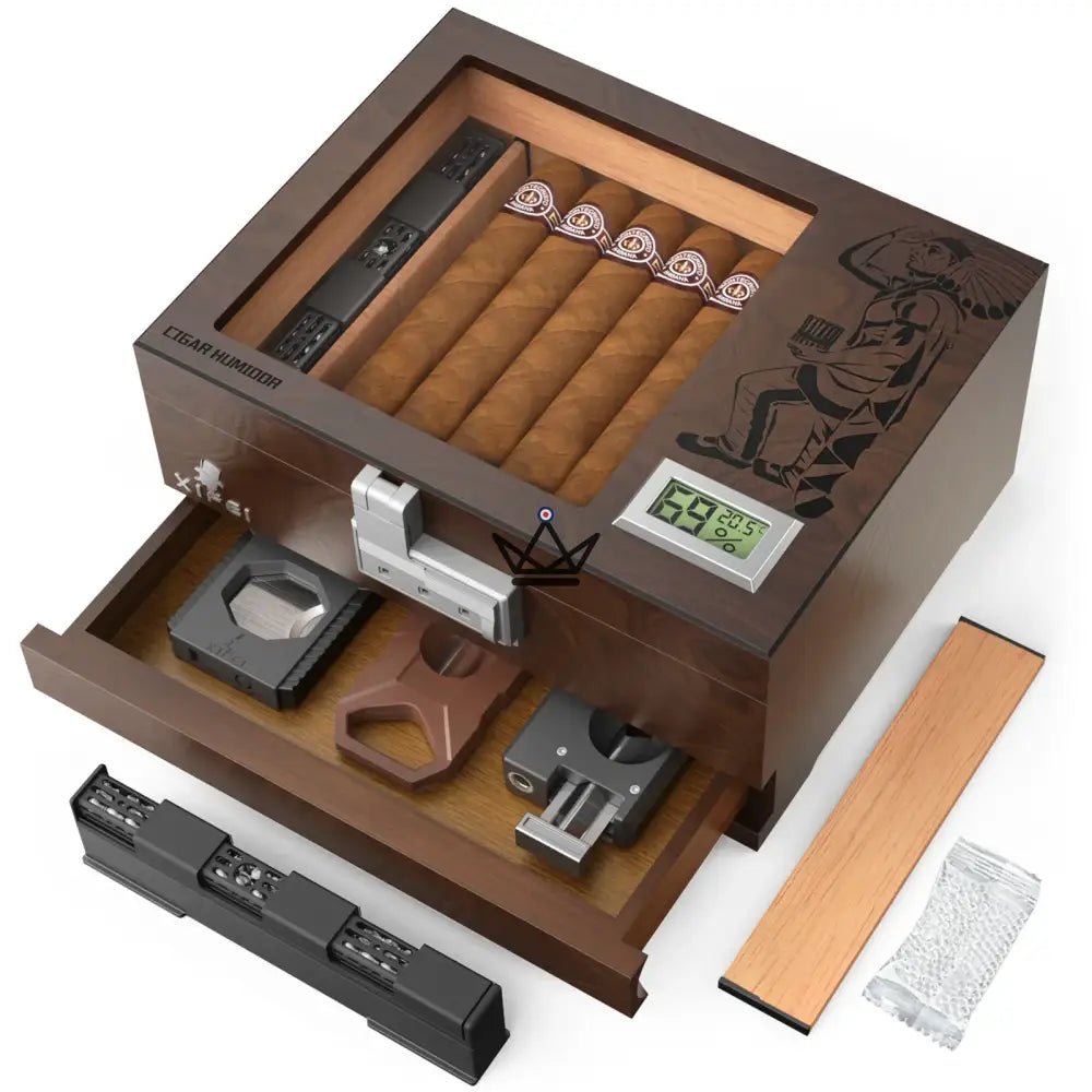 Vault Indio Cigar Humidor - Spanish Cedar, Combination Lock, Glass Lid, 20-30 Cigars, Digital Hygrometer & Gel Humidifier — Ébène Scellé