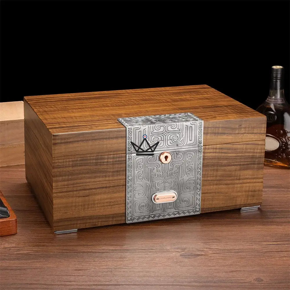 Humidor de cigarros Héritage Empyrean: madera maciza y cedro, ~100 cigarros, cerradura, zona dual, dorado o plateado
