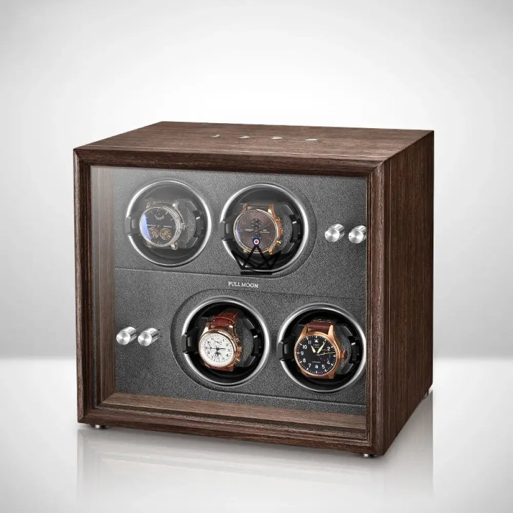 Automatic Watch Winder FULL MOON — Moon Phases, LED, Anti-Magnetic, 2 or 4 Watches — 4 Pitches / Wood