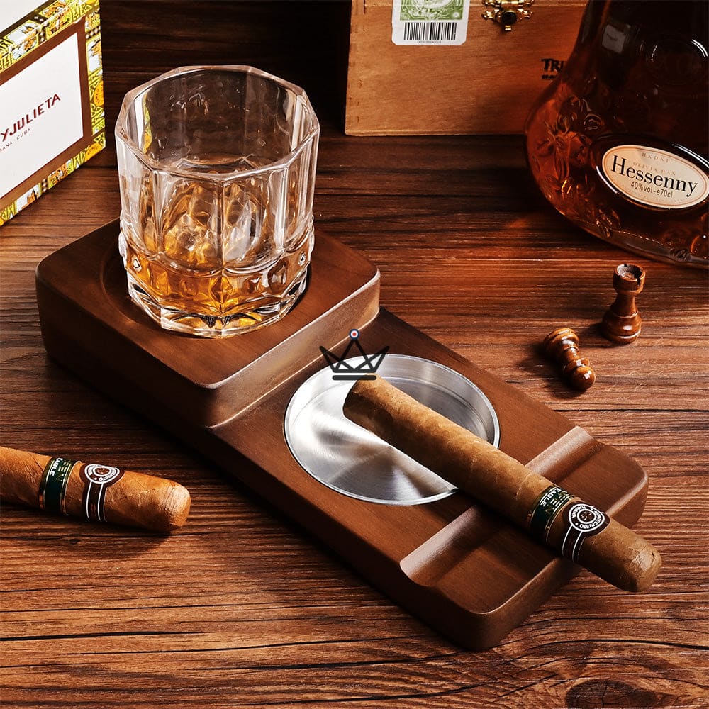 Cenicero de madera para whisky: madera y aluminio, soporte para vasos de whisky y compartimento para cigarros Cenicero de madera para whisky: madera y aluminio, soporte para vasos de whisky y compartimento para cigarros