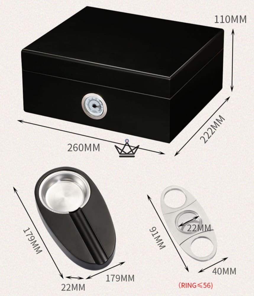 FIFTY LUNARIS cigar humidor — cedar humidor for 50 cigars, 2-cigar cowhide leather case, ashtray, cigar cutter, hygrometer & humidifier — view 10
