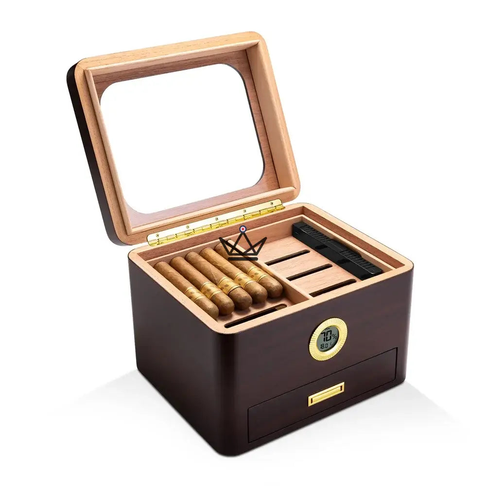 Equinox Humidor — Spanish Cedar, Gold Glass Top, 65 Cigars, Digital Hygrometer, Airtight Seal — view 11