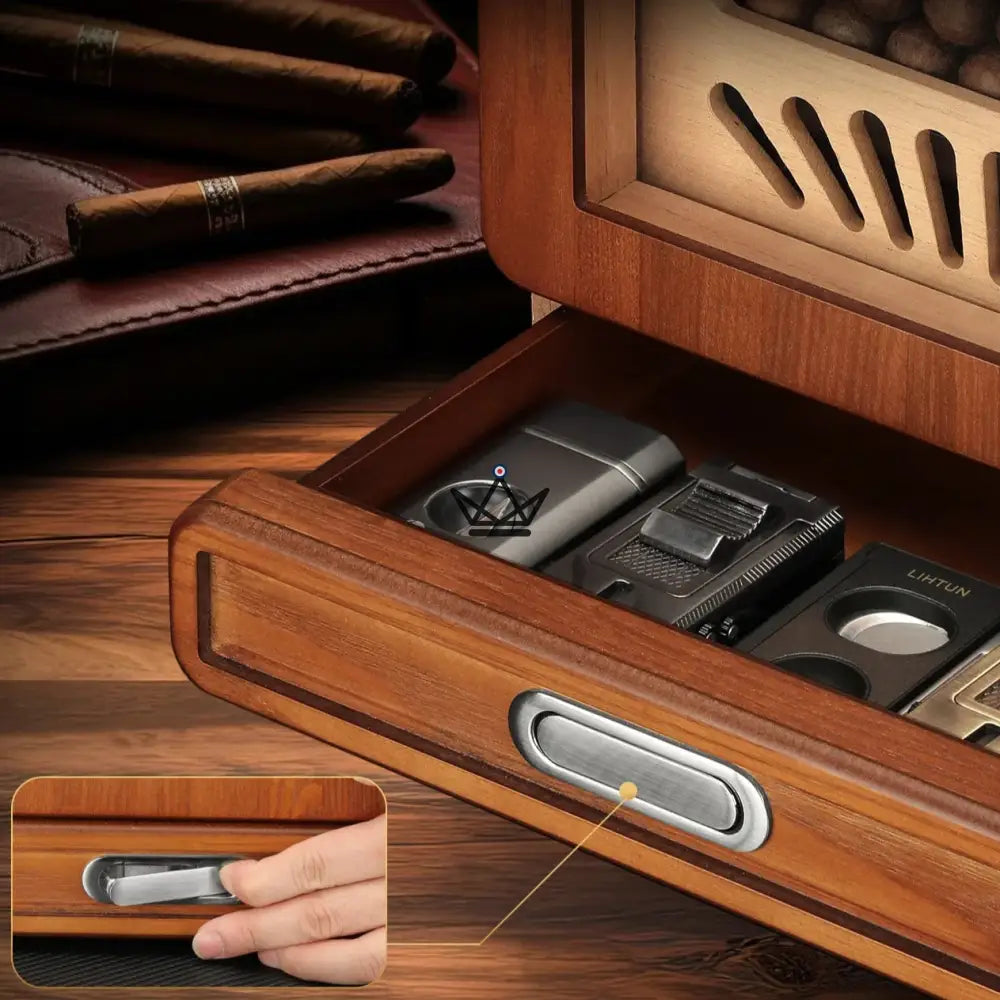 Vesuvius Sky Cigar Humidor — Cedar, Glass Top 9 Slots, 3 Drawers, Accessory Drawer, Digital Hygrometer & 2 Humidifiers, Up to 150 Cigars — view 13