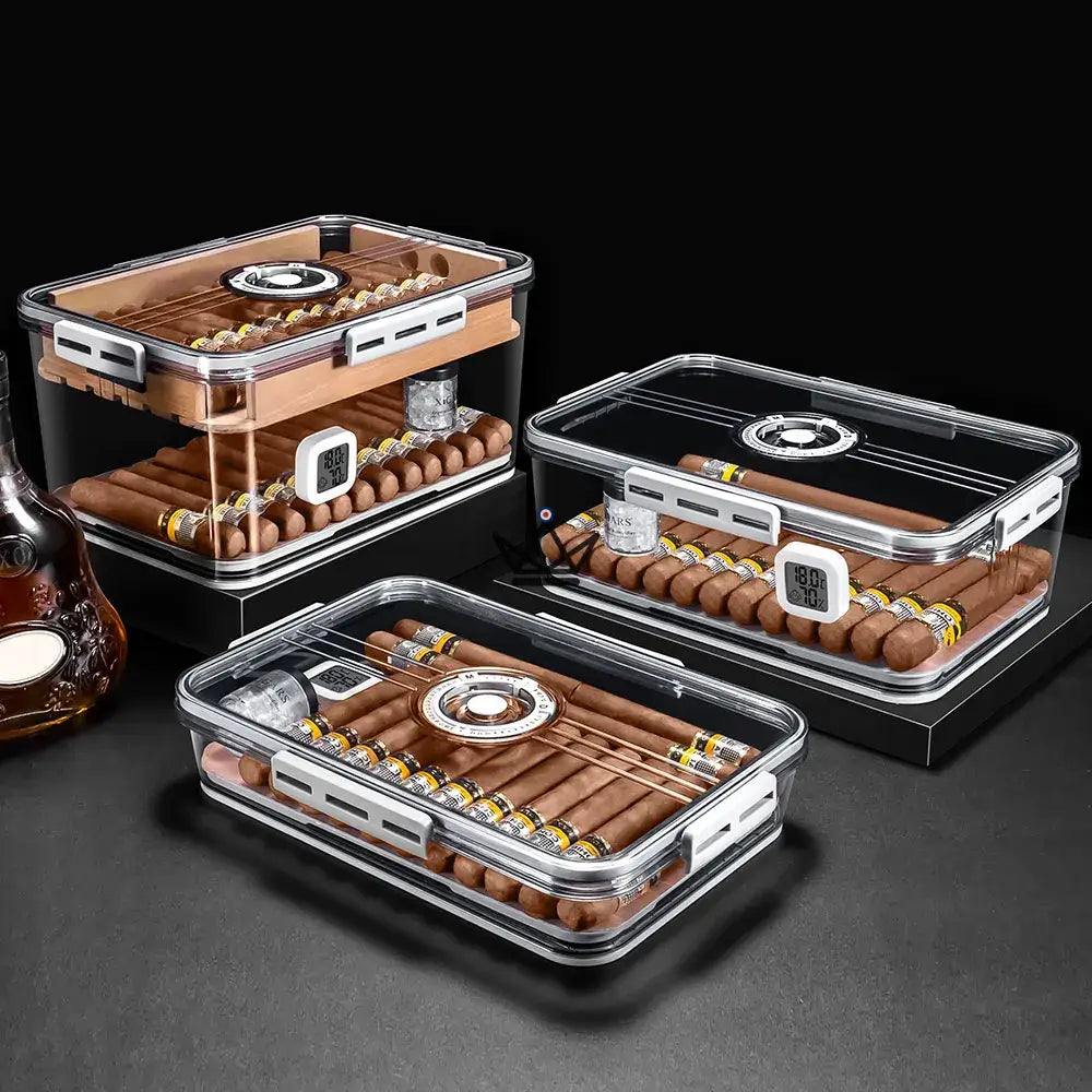 Humidor de cigarros CRYSTAL TIME: acrílico transparente, temporizador digital, 30/60/100 cigarros, bandeja de cedro (versión 100) Humidor de cigarros CRYSTAL TIME: acrílico transparente, temporizador digital, 30/60/100 cigarros, bandeja de cedro (versión 100)