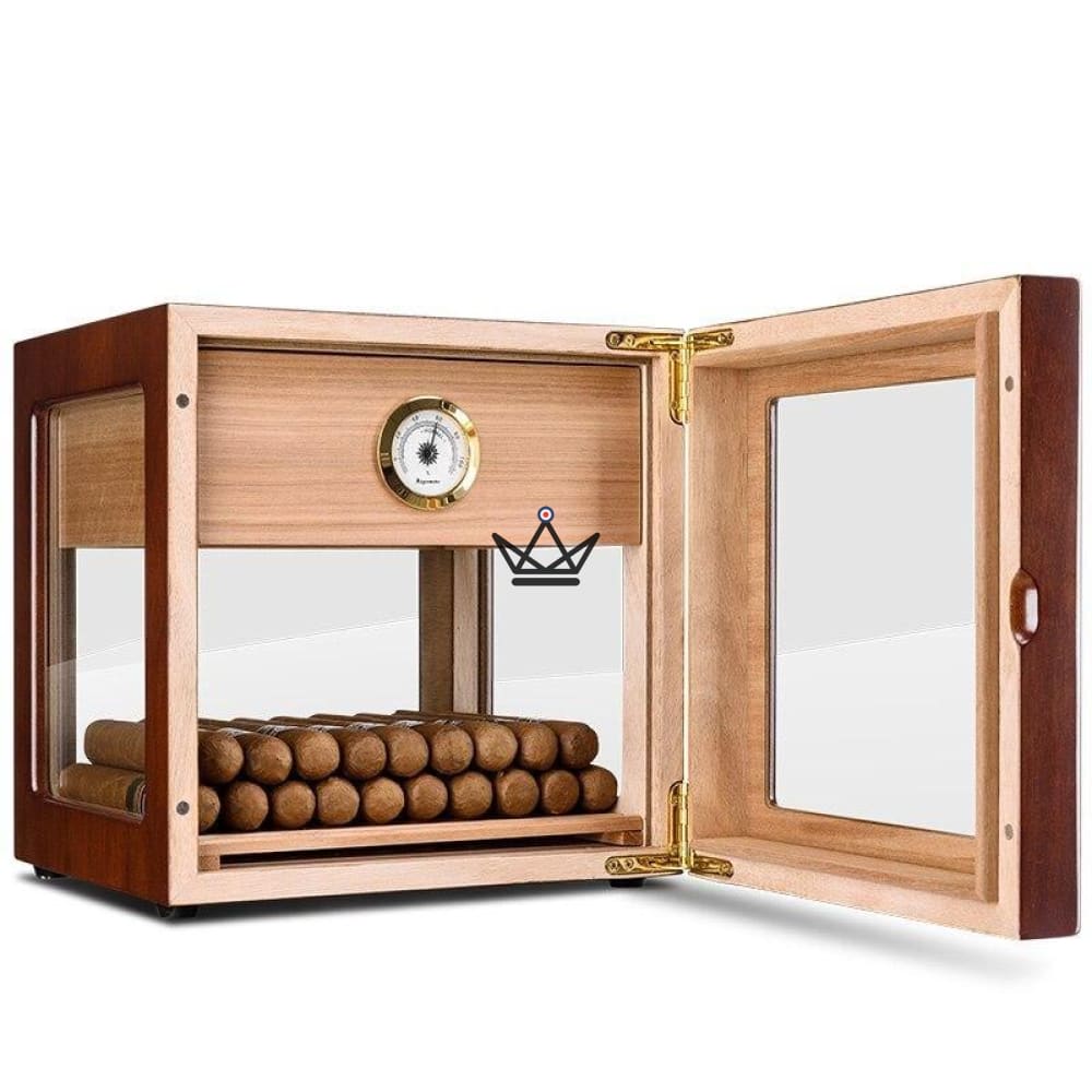 CRYSTAL CUBE Cigar Humidor — 5 glass sides, Spanish cedar, +100 cigars, 30-cigar drawer, front hygrometer — view 4