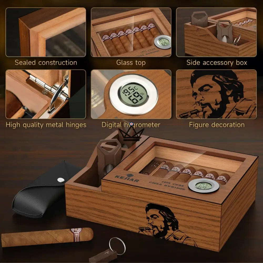 Libertador Cigar Humidor — solid cedar, glass lid, 30 cigars, digital hygrometer, gel humidifier, flat cutter, V-cutter & punch included — view 7