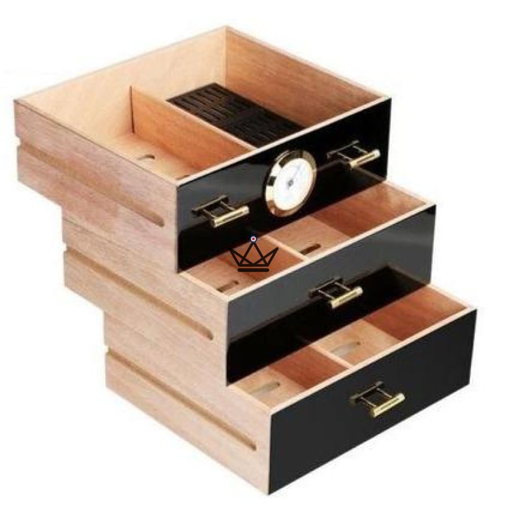 Humidor J.Hoover – schwarz lackiert, Glastür, spanische Zeder, 3 Schubladen, Hygrometer, 80 Zigarren – Ansicht 5