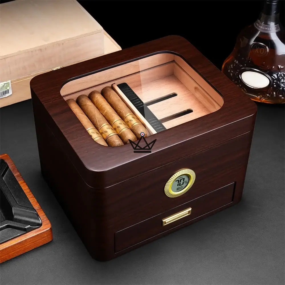 Equinox Humidor — Spanish Cedar, Gold Glass Top, 65 Cigars, Digital Hygrometer, Airtight Seal — Rosewood Regent