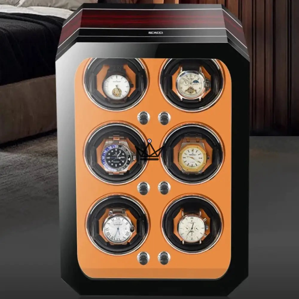 Automatic Watch Winder HEXAGONE LUXE — Precious Wood, Leather, 2 to 6 Watches, 5 Modes — Orange / 6 Slots