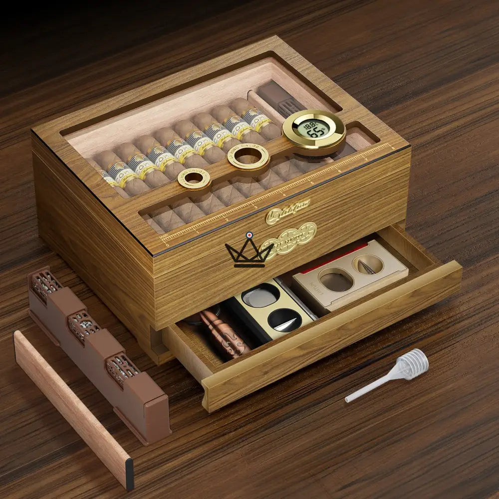 Humidor Orbis Vault: cedro español, tapa de vidrio, higrómetro digital y humidificador de gel