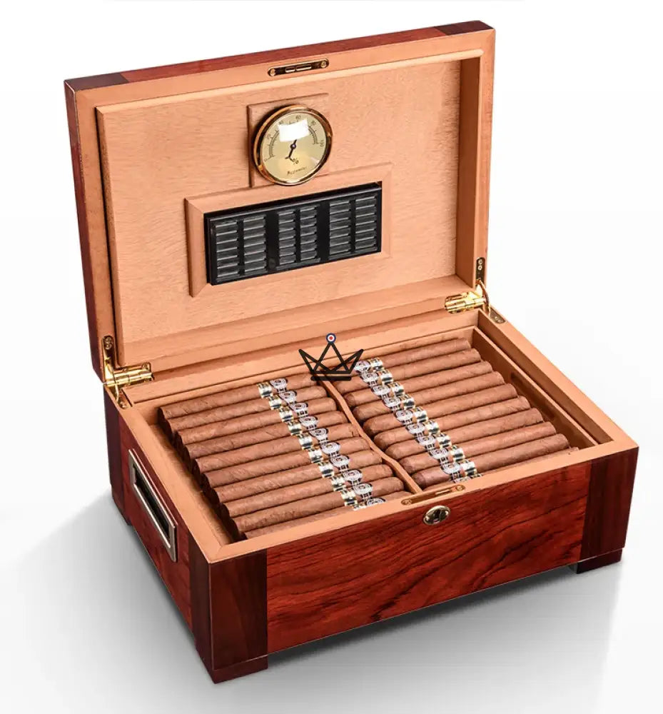 Aura Cedar Humidor — rosewood & abalone, 100 cigars, adjustable cedar dividers, gold lock — view 2