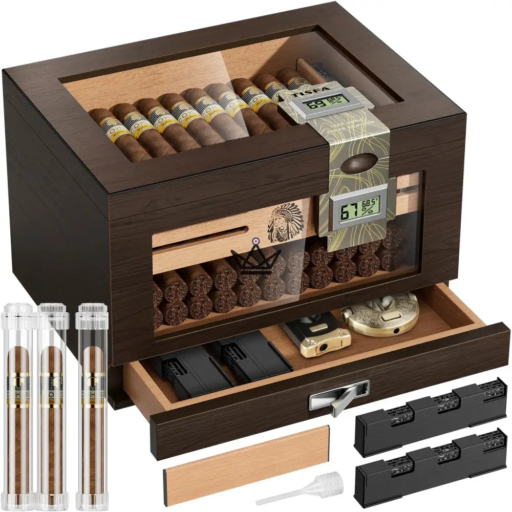 Humidor de cigarros Dominion Heritage: cedro español, tapa de vidrio, 80 cigarros, 2 higrómetros digitales, 2 humidificadores de gel y 3 tubos de viaje Humidor de cigarros Dominion Heritage: cedro español, tapa de vidrio, 80 cigarros, 2 higrómetros digitales, 2 humidificadores de gel y 3 tubos de viaje