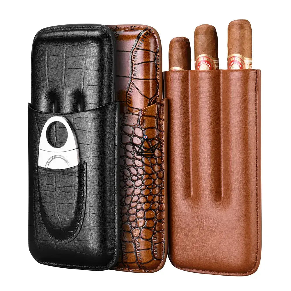 Leather 3 cigar case with cigar cutter - Silver Cortez — view 1