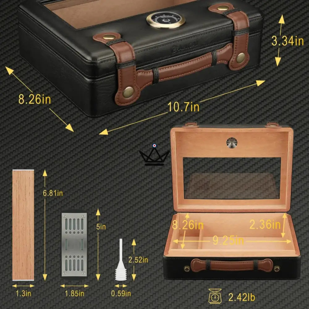 Prestige Traveler Humidor – vergoldetes Messing, spanische Zeder, 50 Zigarren, Sichtfenster, Hygrometer & Kristallbefeuchter – Ansicht 10