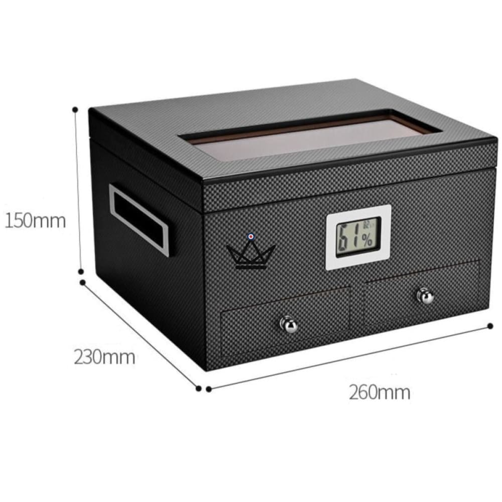 DUNE PRESTIGE Cigar Humidor — Spanish Cedar, Glass Lid, 2 Drawers, Digital Hygrometer, 60 Cigars · Carbon or Rose Wood — view 7