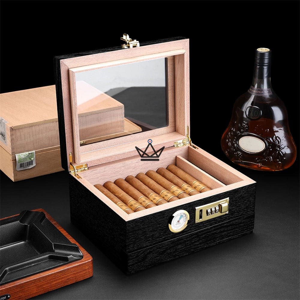 Enigma Moon Humidor — cedar, glass top, secure code, drawer, 30 cigars | Solo or Orion (ashtray, lighter, cutter) — Solo