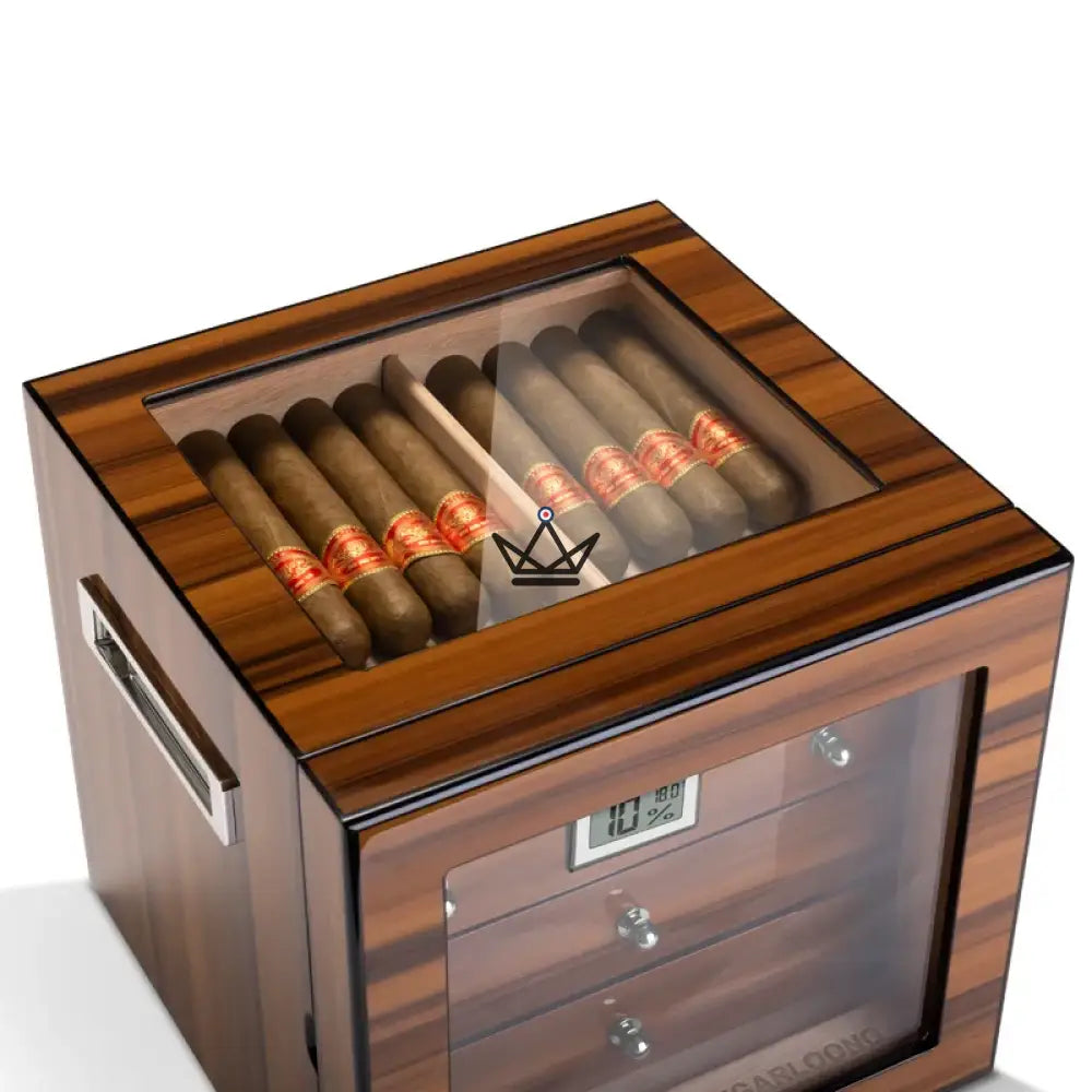 Zigarrenhumidor Regalia 100 – spanische Zeder, Glasfenster, 3 Zedernholzschubladen, ~50 Zigarren, Digital-Hygrometer & Befeuchter – Ansicht 5