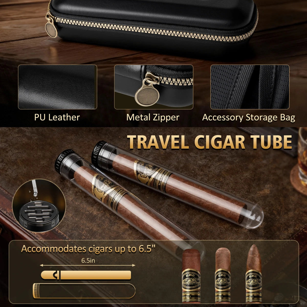 3-in-1 Keeper Heritage Set — Spanish cedar humidor with glass top, key lock, travel leather case, 2 airtight tubes, 50 cigars, digital hygrometer — view 7