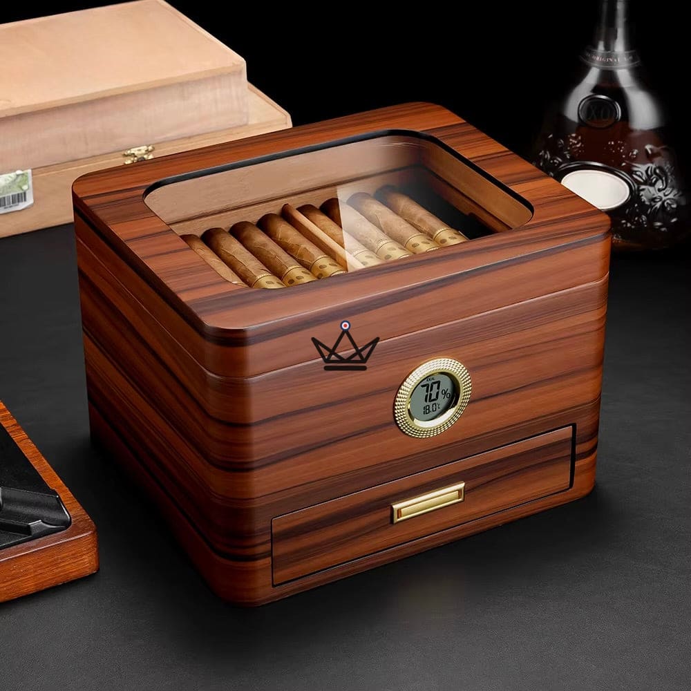 Equinox Humidor — Spanish Cedar, Gold Glass Top, 65 Cigars, Digital Hygrometer, Airtight Seal — Ebony Horizon