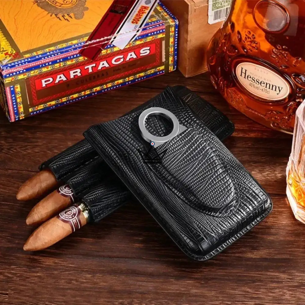 Zigarrenetui MONTECRISTO LOOP — Rindsleder, 3 Zigarren, Humidor & Zigarrenschneider – Ansicht 2