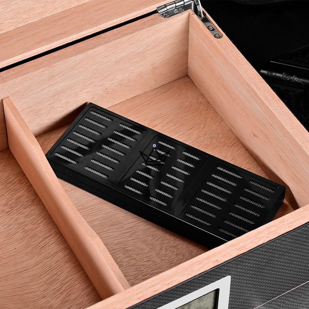 Humidor DUNE PRESTIGE — spanisches Zedernholz, Glasdeckel, 2 Schubladen, Digitalhygrometer, 60 Zigarren · Carbon oder Palisander – Ansicht 11