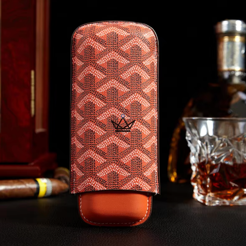 ALPINE Luxury Cigar Case — Soft Geometric Engraved Leather, 2 or 3 Cigars | Green · Black · Orange — 2 Cigars / Orange