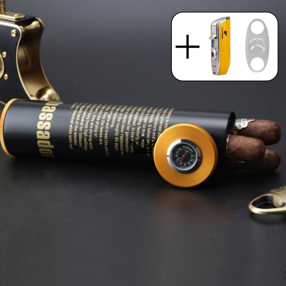 Zigarren-Humidor LYROK – Stahlzylinder, Hygrometer & Befeuchter, 3 bis 5 Zigarren – Ansicht 6