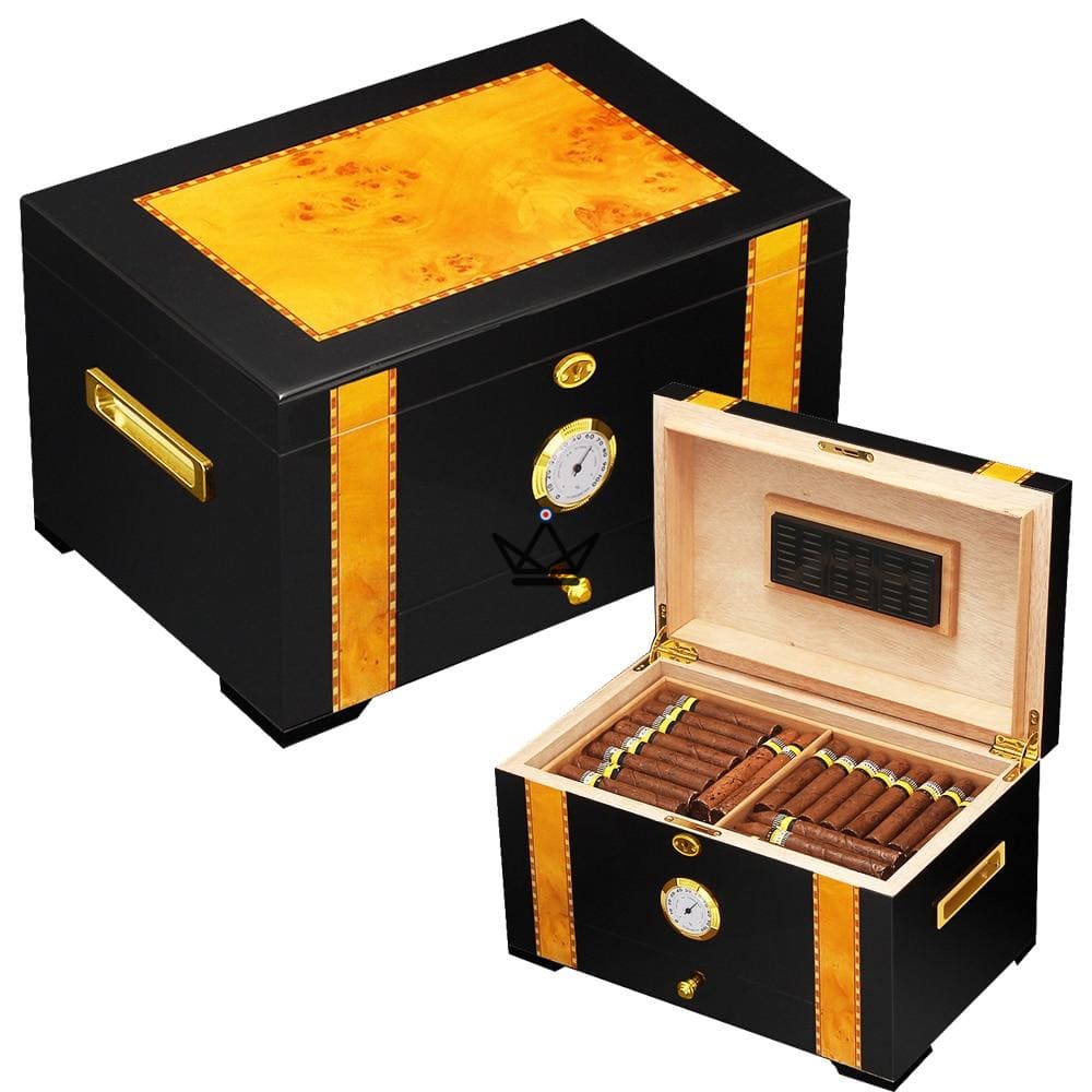 Humidor de cigarros ARCHIBALD Deluxe: lacado negro, detalles dorados, cedro español, cerradura con llave, 75 cigarros Humidor de cigarros ARCHIBALD Deluxe: lacado negro, detalles dorados, cedro español, cerradura con llave, 75 cigarros