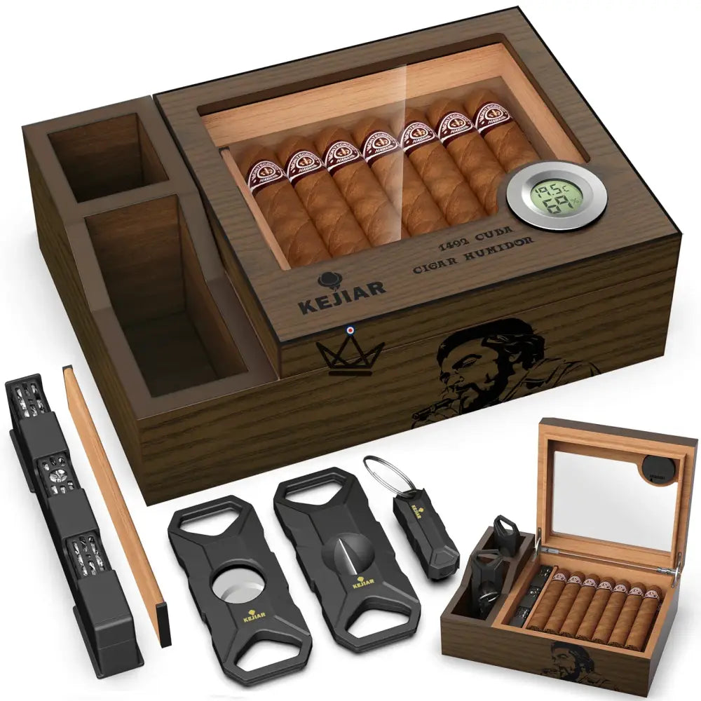 Zigarrenhumidor Libertador – Massivholz-Zeder, Glasdeckel, 30 Zigarren, digitaler Hygrometer, Gel-Befeuchter, Flachschneider, V-Cutter und Puncher enthalten – Ansicht 2