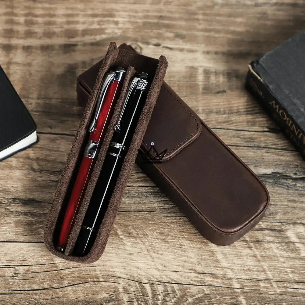 Customizable luxury leather fountain pen case - Atlas Voyager — Coffee / 2 Pens