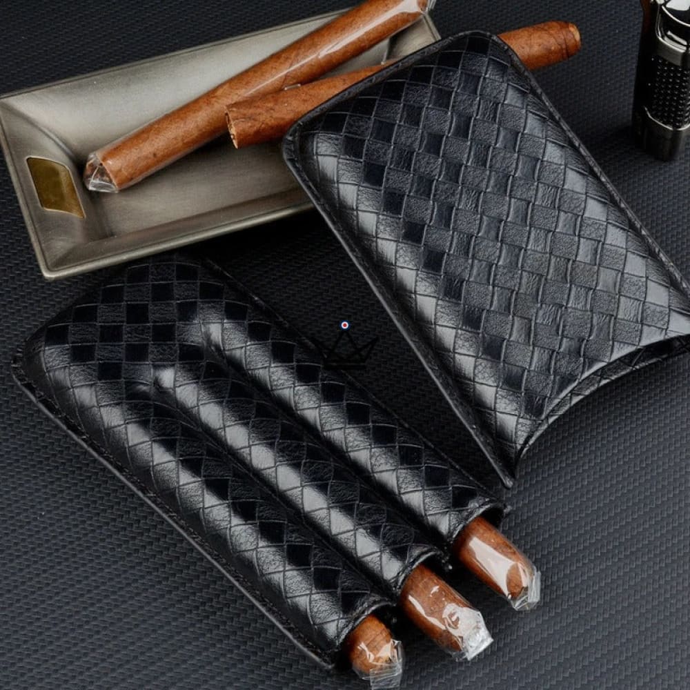 Estuche para cigarros GRID Optimus — piel de vacuno trenzada, 3 cigarros de 25 mm, forro textil, negro o marrón