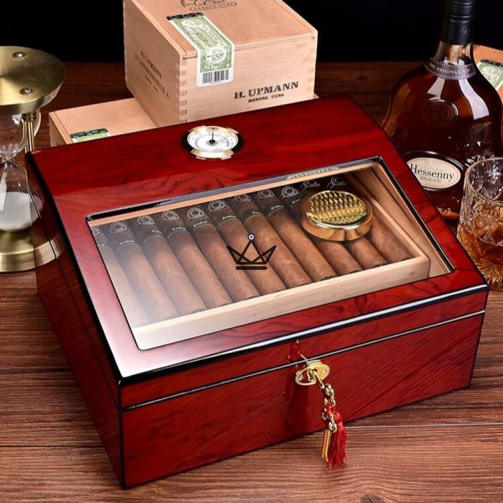 FIFTY Edition LUXE Cigar Humidor — Spanish cedar, glass top, front hygrometer, 50 cigars — Rosewood
