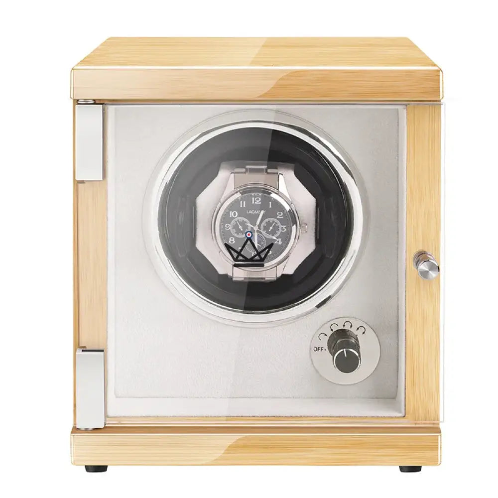 ÉLÉGANCE OAK Enrollador automático de relojes: madera de roble, cuero blanco, 1 o 2 relojes, 5 modos ÉLÉGANCE OAK Enrollador automático de relojes: madera de roble, cuero blanco, 1 o 2 relojes, 5 modos
