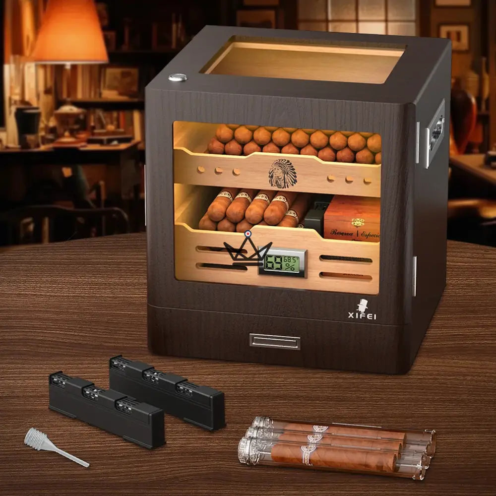 Humidor de cigarros Dominion Legacy: cedro español, frente de vidrio, LED táctil de 3 colores, capacidad para 100 cigarros, higrómetro digital y 2 humidificadores de gel Humidor de cigarros Dominion Legacy: cedro español, frente de vidrio, LED táctil de 3 colores, capacidad para 100 cigarros, higrómetro digital y 2 humidificadores de gel