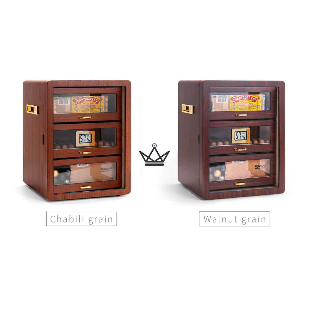 NOCTURIS Cigar Humidor — Piano Lacquer, Spanish Cedar, 3 Gold-Plated Glass Drawers, ~100 Cigars, Walnut or Chablis — view 9