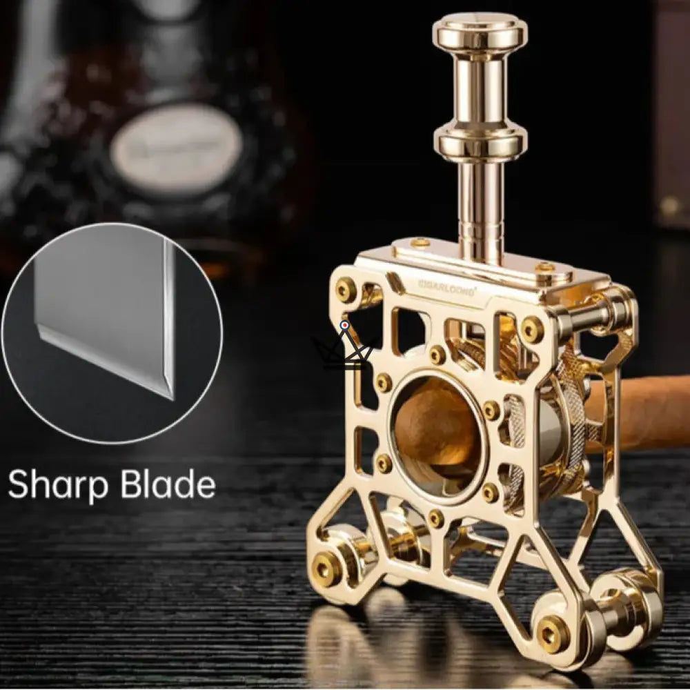 Machina Prestige Desktop Cigar Cutter — Solid Stainless Steel, Vertical Mechanism, Ø 23 mm, Mirror Gold & Frosted Chrome Finishes, Luxury Box — view 5