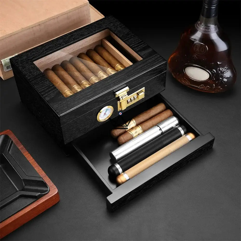 Enigma Moon Humidor — cedar, glass top, secure code, drawer, 30 cigars | Solo or Orion (ashtray, lighter, cutter) — view 2