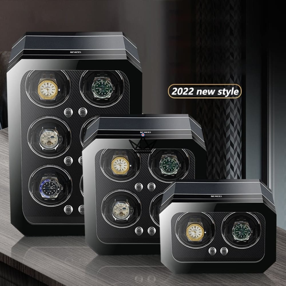 Automatic Watch Winder HEXAGONE LUXE — Precious Wood, Leather, 2 to 6 Watches, 5 Modes — Black / 2 Slots