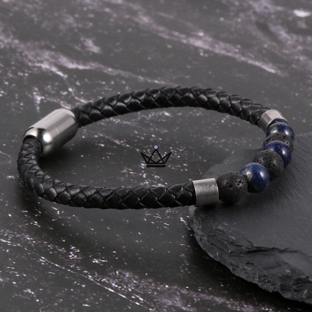 Leather Pearl Bracelet - Braided Leather & Natural Stones - 10 Stones — Lapis lazuli / 18cm