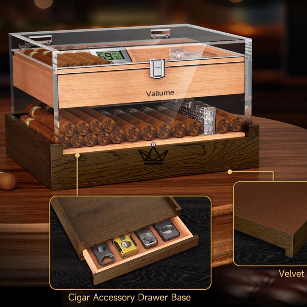 Aerion Vault Cigar Humidor — clear acrylic, cedar, accessory drawer, 2 sizes — view 12