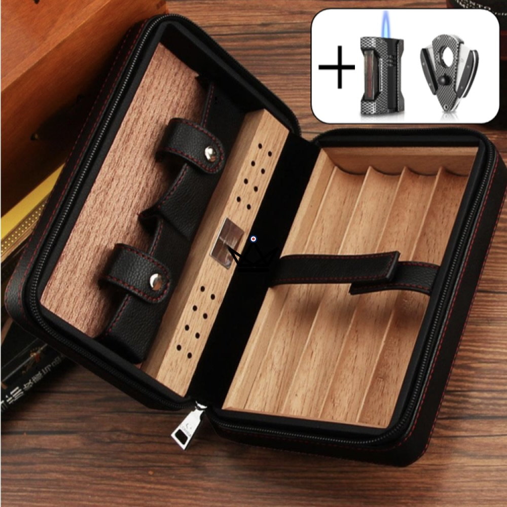 Leather & Cedar Travel Humidor — 5 Cigars | Prime Style — Black / Carbon Nyfe